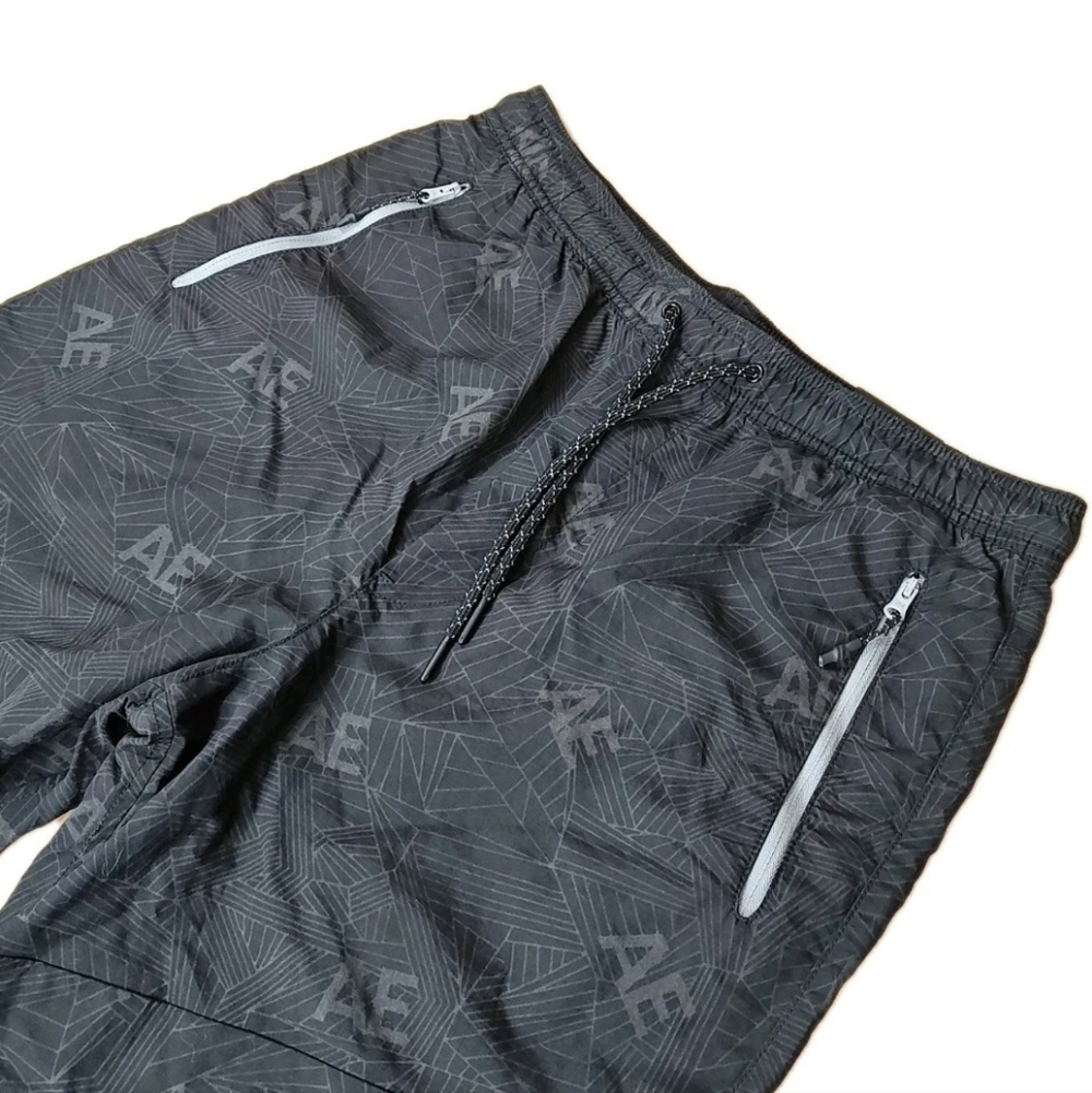 American Eagle Y2k Baggy Nylon Jogger Pants Sm Black Webbed Grid Zip Pockets Nwt
